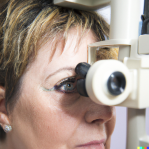 Woman suffering with cataracts having an eye test