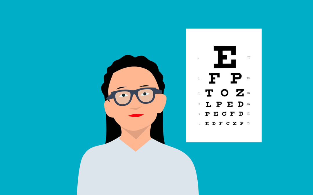Cartoon women with an astigmatism having an eye test